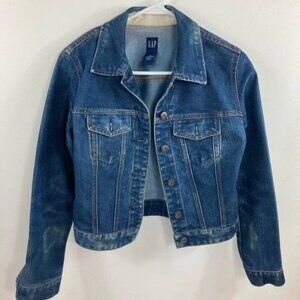 Womens Gap Distressed‎ Denim Jean Trucker Jacket Blue XS Cotton Polyester